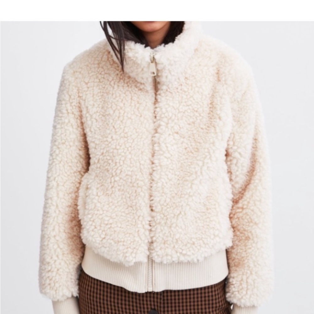 Zara Cozy Cream Sherpa bomber Jacket coat pockets frothy cloud stay warm in cold